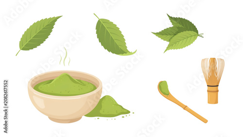 Fresh green tea leaves in a bowl with whole and crushed leaves on side Vector