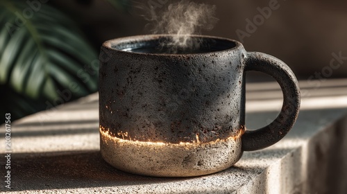 Cozy cup of steaming coffee on a textured surface with natural lighting, surrounded by green foliage, showcasing warmth and comfort in a serene environment