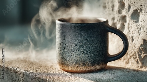 Captivating Black and Brown Ceramic Coffee Mug with Steam on Rustic Surface Perfect for Cozy Morning Rituals and Daily Coffee Enjoyment