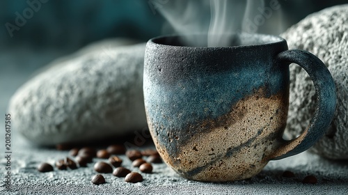 Rustic ceramic cup with steam and coffee beans on textured surface beside smooth stones creating a cozy and inviting atmosphere for relaxation and enjoyment