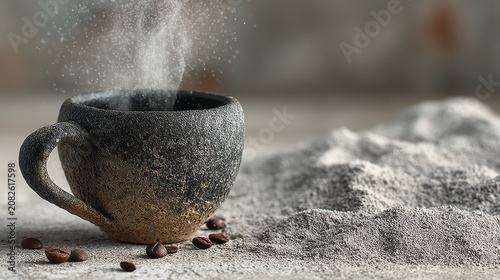 Rustic coffee cup with steaming hot beverage and coffee beans beside a mound of ground coffee on a textured surface in a cozy setting