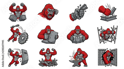 Photography Red gorilla worker characters performing heavy manual labor.