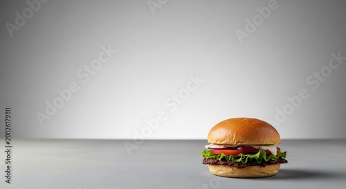 Delicious burger on a white surface.