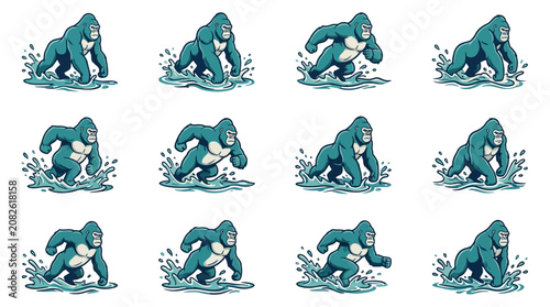 Photography Teal gorilla ape mascot icons in walking poses.
