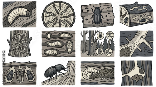 Schilderij op canvas Wood-boring insect larvae and forest pest damage icons.