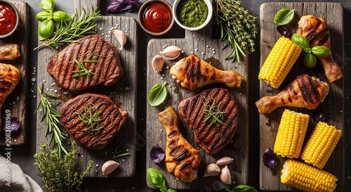 Grilled meat and vegetables on wooden boards.