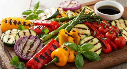 Grilled vegetables on wooden board with sauce.