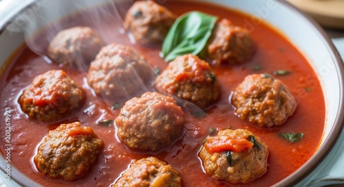 Meatballs in rich tomato sauce dish.