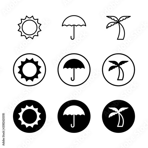 Minimal Summer Beach Icons Collection Featuring Sun, Umbrella and Palm Tree in Clean Line Style for Travel, Vacation, Tropical Weather and Tourism Concepts