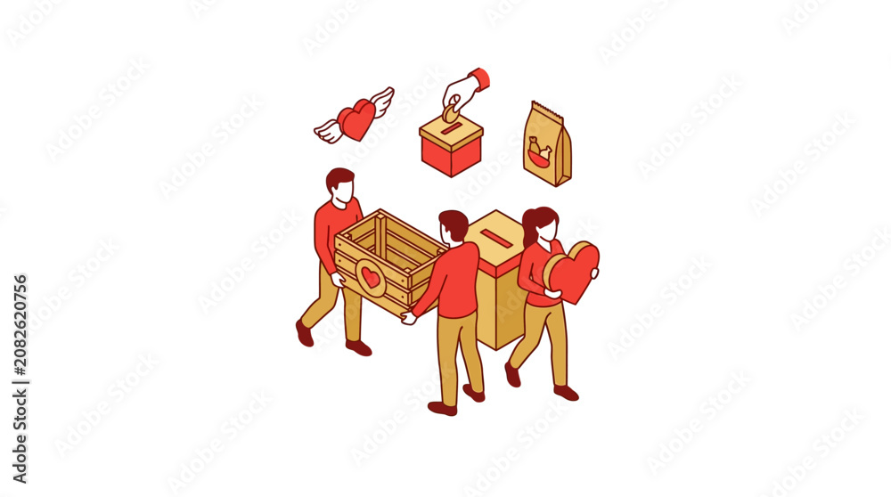 Naklejka premium Isometric illustration of volunteers donating food and money for charity