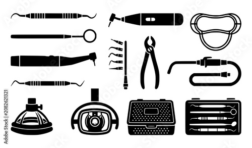 Fotografija Dental Tools and Orthodontic Equipment Icon Set Featuring Mirror Drill Scaler Re