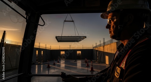 Sunrise Crane Operator Overseeing Steel Beam Placement At Construction Site During Golden Hour Light