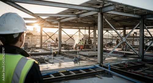 Sunrise Over Futuristic Construction Site With Workers And Machinery