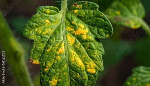 Close-up of a vibrant green leaf showing signs of disease, with yellow spots and a prominent central vein