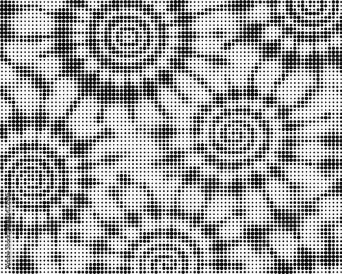 Abstract geometric pattern featuring a dynamic halftone effect, creating a striking monochrome dot texture with intricate circular designs for various backgrounds and digital art projects