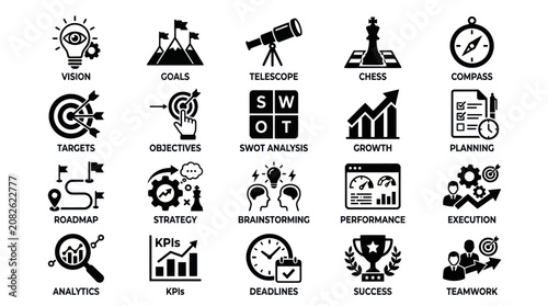 Business performance and strategic vision outline icon collection.
