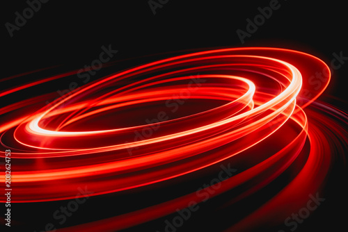 Dynamic glowing red light trails form layered curved abstract patterns against a dark background, showcasing modern futuristic visual design.