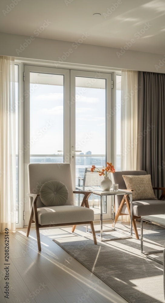 Fototapeta premium Sunlit Modern Living Room With Balcony View Offering Serene Relaxation