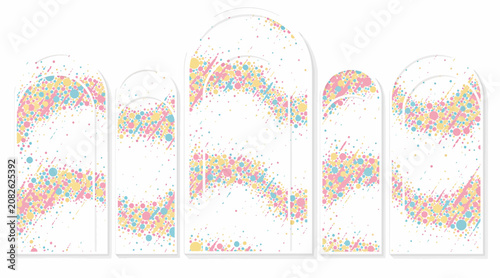Arch shapes with scattered colorful confetti dots and lines