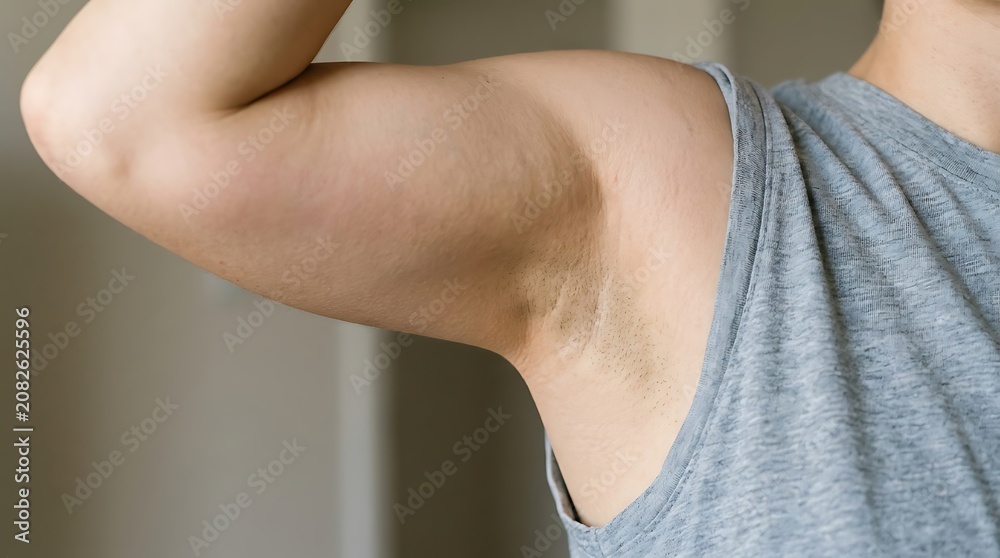 Fototapeta premium Close up of a man's arm showing underarm hair in a gray shirt