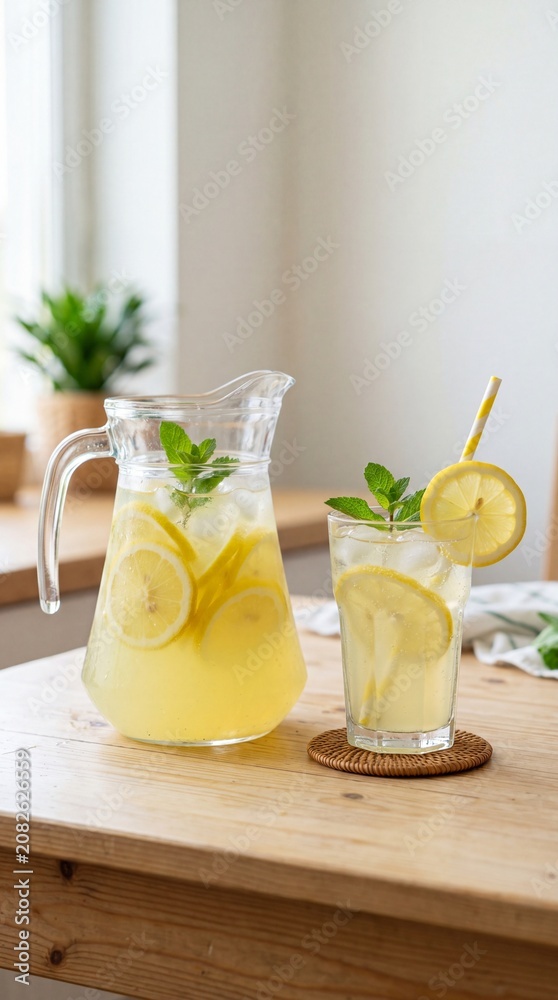Fototapeta premium Glass and pitcher of lemonade with summer background