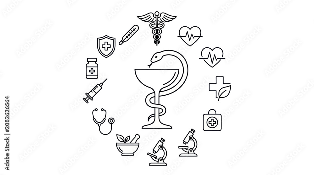 Fototapeta premium Circle arrangement of medical and healthcare icons.