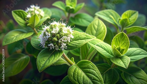 Close-up of a vibrant green plant with small white flowers. Soft light highlights the details of the leaves and blossoms