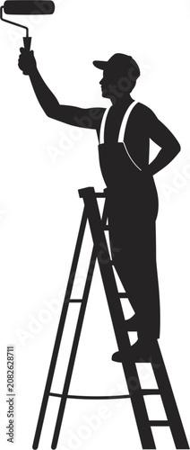 Professional house painter silhouette standing on stepladder with paint roller vector illustration, isolated worker