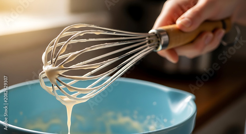 Hand whisking liquid batter in a blue mixing bowl for home baking preparation in a bright kitchen