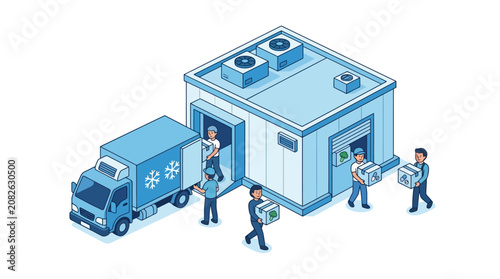 Konstfotografi Workers loading and unloading boxes at a cold storage warehouse