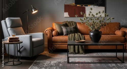 Sophisticated Living Room Design Featuring Luxurious Leather Sofa and Cozy Recliner