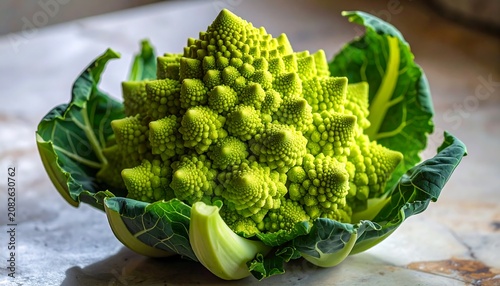 Close-up of a vibrant green Romanesco broccoli, showcasing its intricate, fractal-like structure