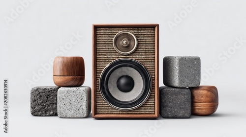 Modern design elements arranged around a central speaker