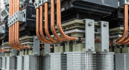 Electrical transformer with copper wires connected in industrial power substation