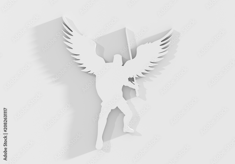 Fototapeta premium Fantasy man angel warrior with wings. Warlike character. A fantasy character is a knight of light. 3D render