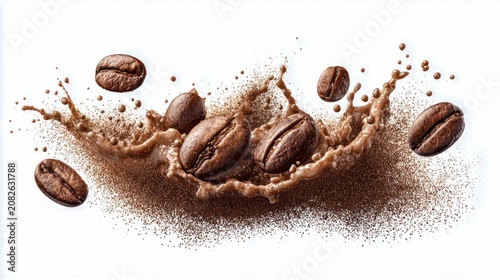 Coffee beans splashing into liquid with powder and droplets against a white background