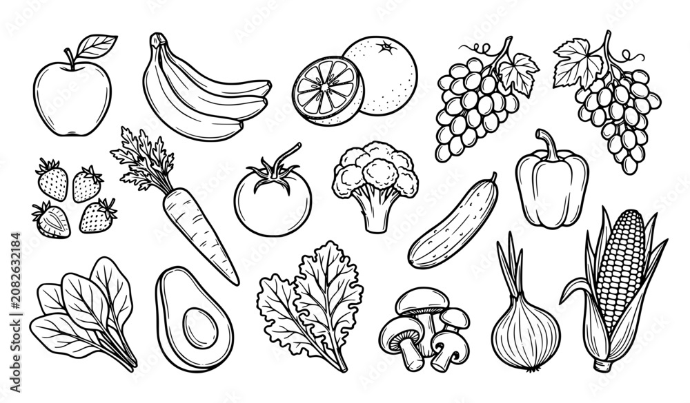 Fototapeta premium Hand Drawn Healthy Fruits and Vegetables Outline Vector Set