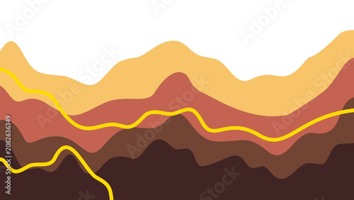 Contemporary fluid wave layout template. Abstract layered backdrop in rustic colors of beige and brown with yellow outlines. Eye-catching.
