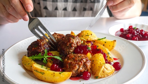 Close-up of hands using silverware to eat a meal featuring meatballs, roasted potatoes, and cranberry sauce on a white plate