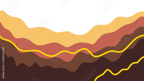 Organic abstract layered concept with continuous yellow lines. Undulating flat layers featuring sand beige and chocolate brown. Beautiful art.
