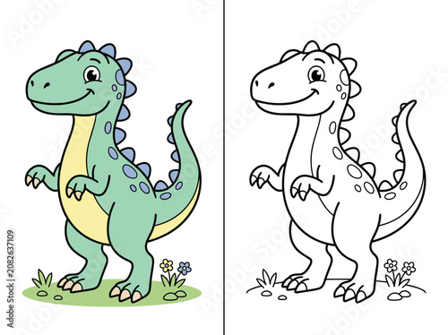 Cute cartoon dinosaur vector illustration featuring a friendly prehistoric creature in both full color and a simple black outline style