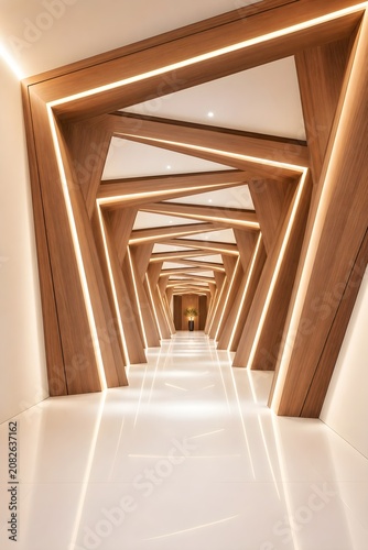 Modern wooden geometric hallway with linear led lighting.