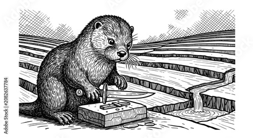Beaver gnawing on a wooden log in nature.