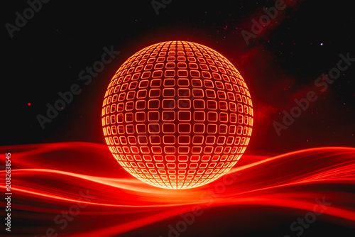 A glowing grid-patterned sphere floats above red cosmic waves against a starry space background, rendered in 3D with vibrant warm tones.