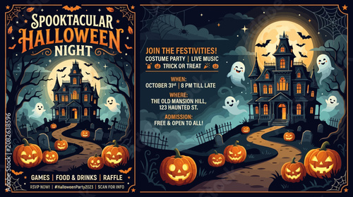 Slika na platnu Halloween Night Spooky Pumpkins and Ghosts.