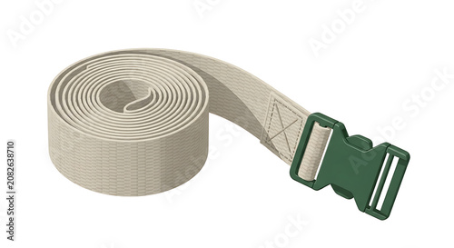 Rolled Beige Fabric Strap with Green Plastic Buckle Isolated on White Background