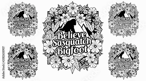 Believe Sasquatch Bigfoot Mandala Floral Design - Cryptid Fan Art