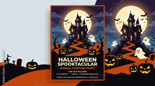 Tableau sur toile Spooky Halloween Pumpkins and Ghosts.
