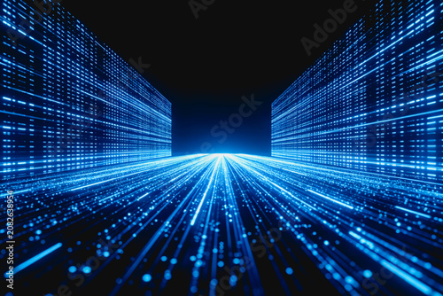 A 3D rendered scene of glowing blue digital data streams flowing between virtual server structures, representing modern data technology.