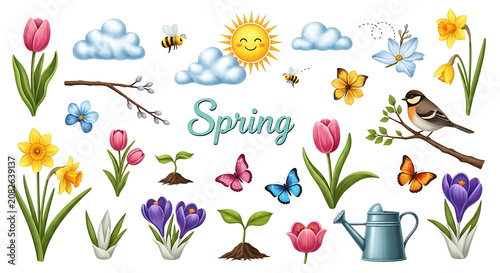 Watercolor Spring Season Elements Collection with Flowers Birds and Insects on Transparent Background